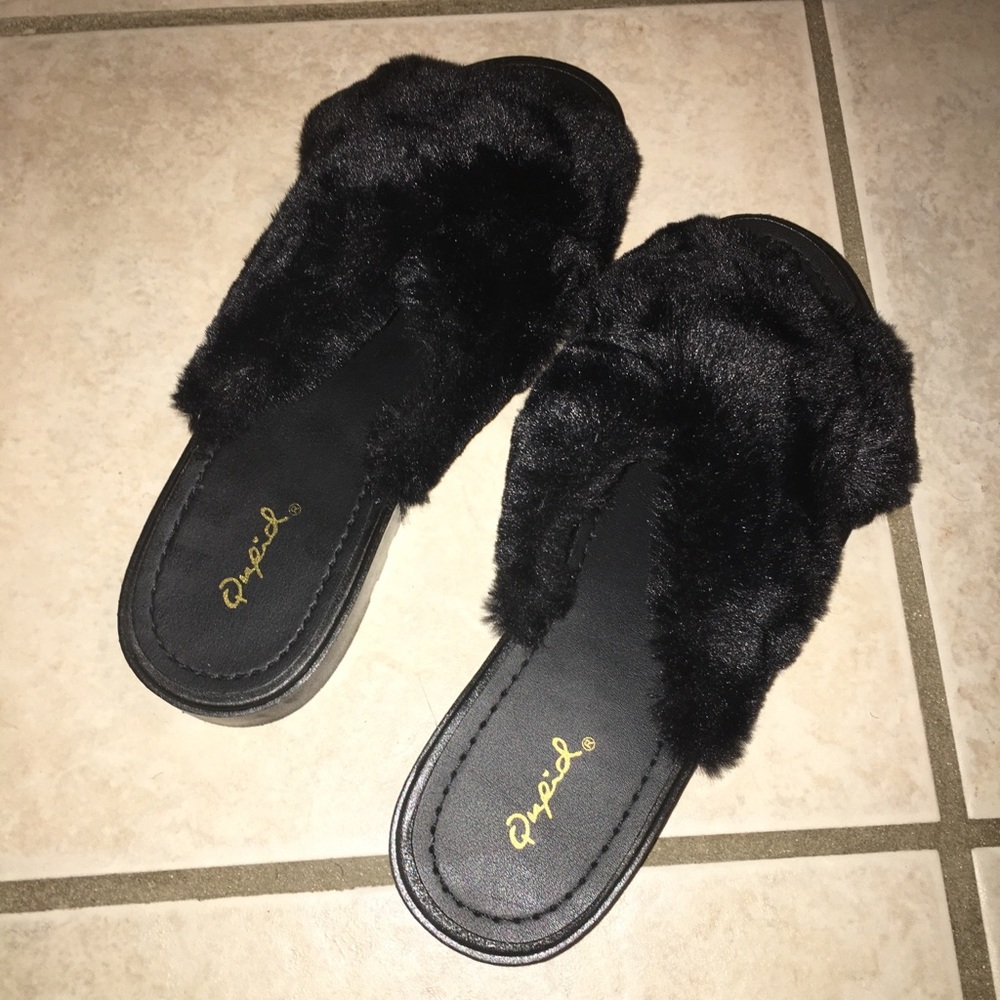 Black Fuzzy Slip On Shoes